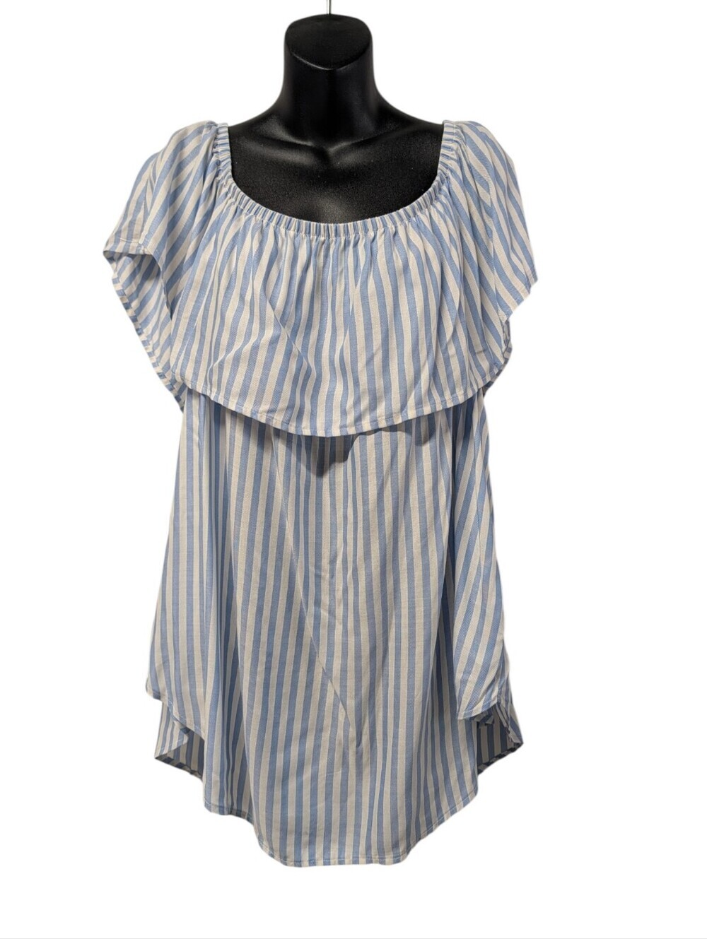 Maitai 2X Blue White Stripe Ruffle Off Shoulder Puff Sleeve Blouse NWT